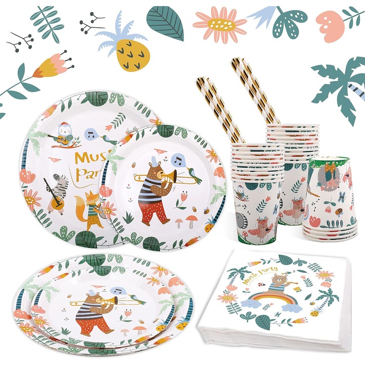 Set accesorii aniversare, petrecere copii 101 Piese, pentru 20 persoane, animale