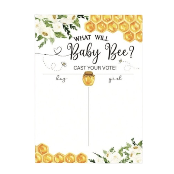 Set Accesorii Joc Petrecere Gender Reveal, Tablita de Votare 58 x 42 cm + 48 Cartonase Colorate Roz si Albastru, Model Albinute