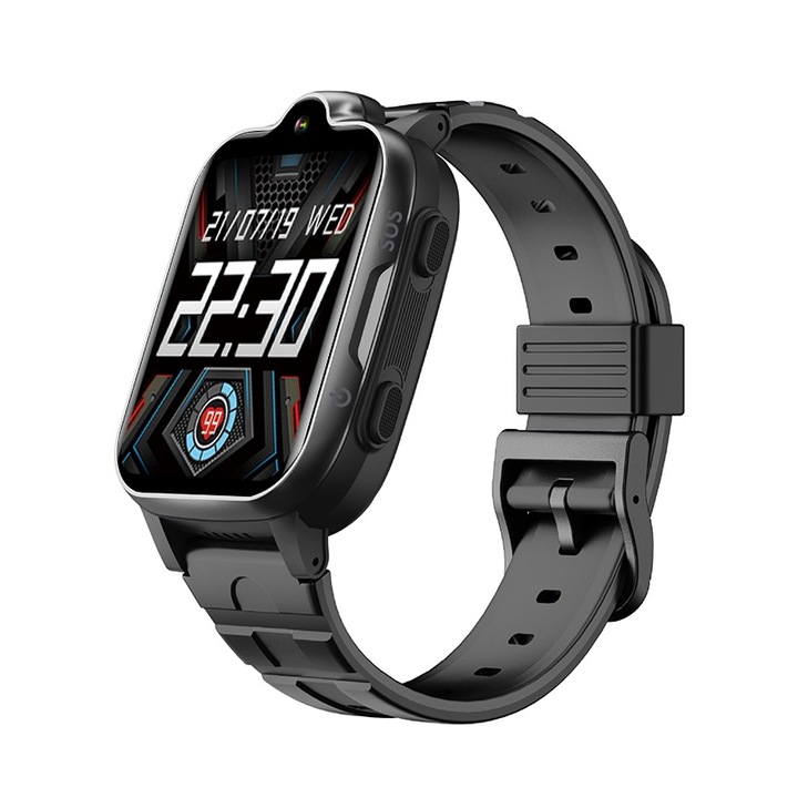 Детски смарт часовник, KINSI, цветен сензорен дисплей, 2.5 D, 1.69 инча, GPS местоположение, 4G, телефон, видео разговор, предна камера, SOS бутон, IP67, черен
