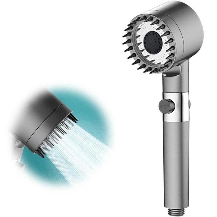 Cap de dus, Zola, cu 2 functii, dus clasic cu functia de STOP, din plastic, lungime receptor 25 cm, diametru sita 7.5 cm, gri