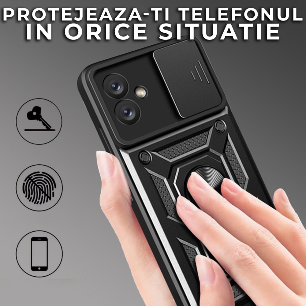 Husa pentru Samsung Galaxy A07 Premium Hybrid Armor Kickstand, Slider Camera, Antisoc, Protectie Superioara, Negru