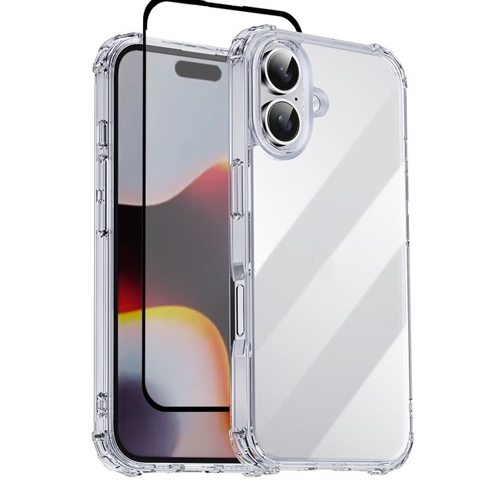 Tok és fólia készlet, iPhone 16 Plus-hoz, ütésállóság, Ultra védelem, Sarokvédelem, Ütésálló, Átlátszó