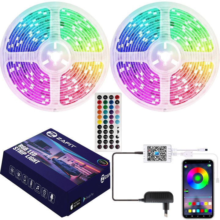 Banda LED ZAFIT™ 20 metri, Bluetooth, aplicatie telefon, telecomanda, mod muzica, timer, microfon, intensitate lumina reglabila, Interior, IP20, 5050 RGB, autoadeziva