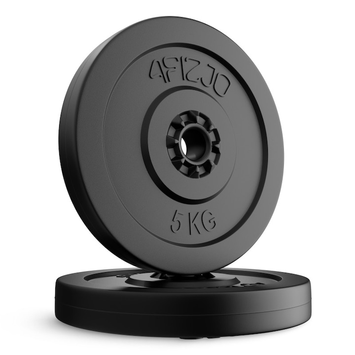 Disc din plastic umplut cu ciment, 2 x 5 kg, 4FIZJO, manopera de inalta calitate, diametrul gaurii 2.6 cm, diametrul discului 25 cm, grosime 5 cm, material ciment acoperit cu plastic, Negru