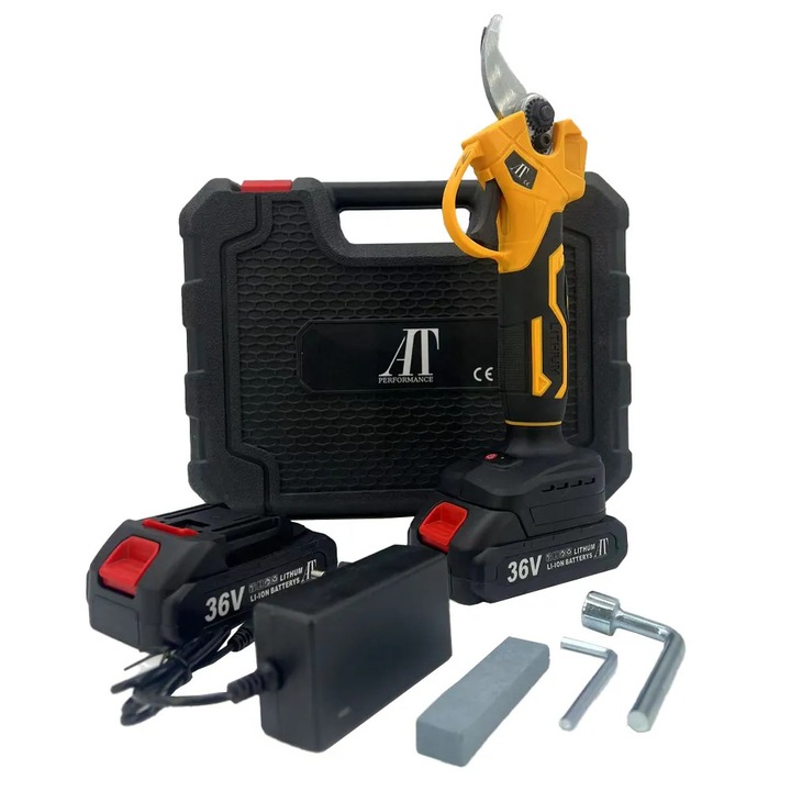 Foarfeca electrica pe acumulator pentru gradina AT PERFORMANCE®, 36 V, putere maxim 800 W, valiza de transport, taiere maxim 25 mm, contine: 2 acumulatori 2.0 Ah + incarcator + valiza transport