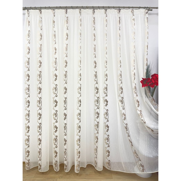 Perdea cu rejansa, brodata mecanic, culoare ivoire/maro, 400x245cm, din colectia "DragonTail" by Liz Line - PD0714