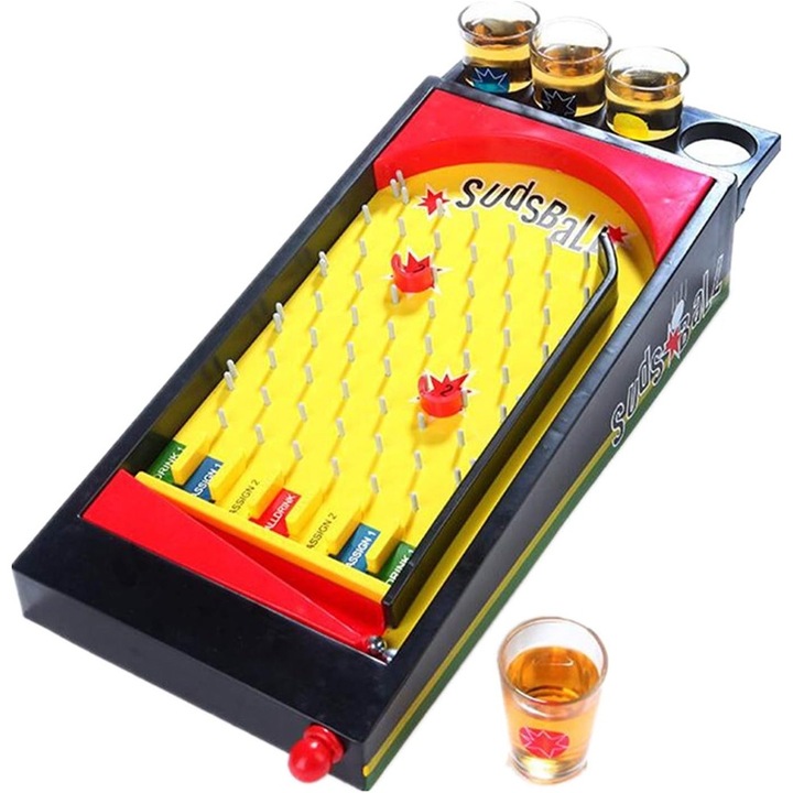 Joc de Baut tip PinBall, Comando Games, de Societate, Interactiv, Pahare Incluse, Dimensiuni 40x17.7x7.7 cm, Galben multicolor