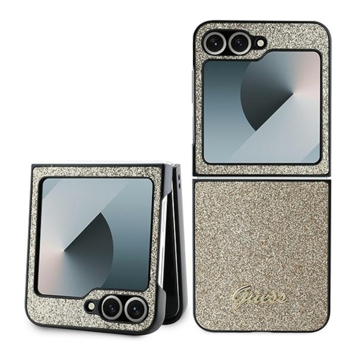 Калъф Guess за Samsung Galaxy Z Flip 6, PC, TPU, Glitter Flakes, Metal Logo, Златист