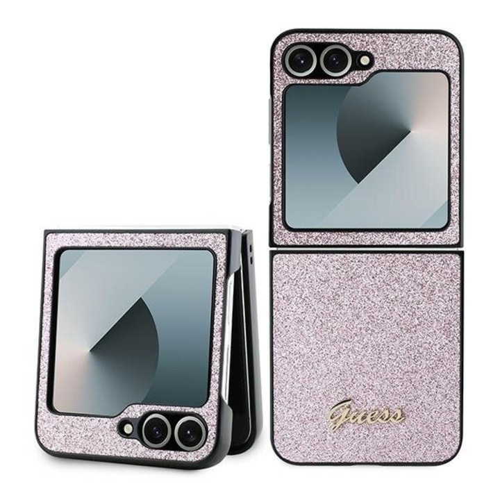Калъф Guess за Samsung Galaxy Z Flip 6, PC, TPU, Glitter Flakes, Metal Logo, Розов