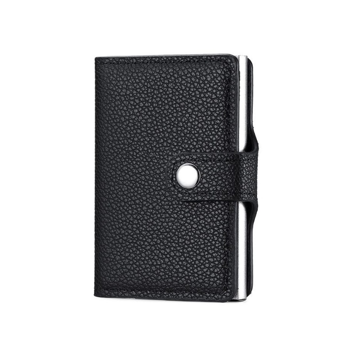 Portofel negru, Slim, RFID, din piele ecologica si aliaj de aluminiu, design compact, slot din aluminiu, 9.7 cm x 6.7 cm
