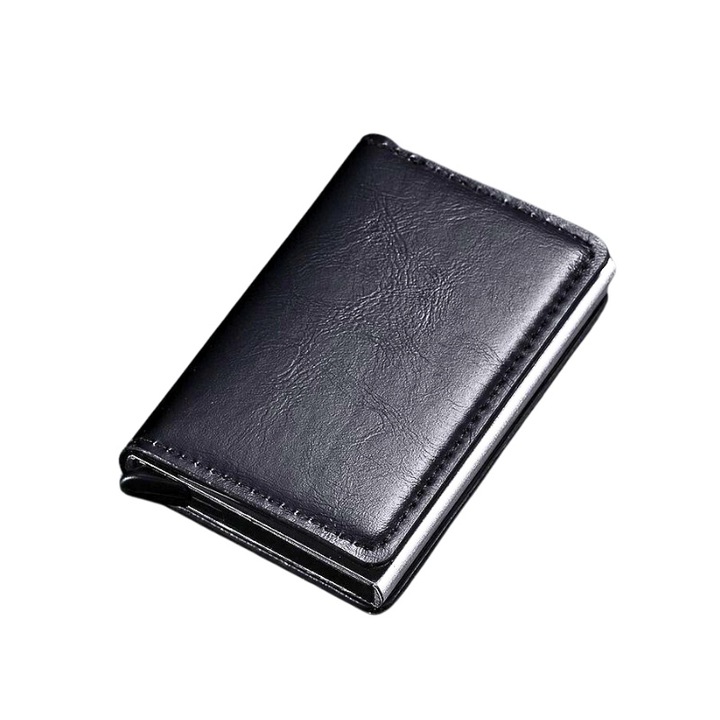 Portofel Antifrauda, Compact, Negru, Piele ecologica, Potrivit pentru 6-7 carduri bancare, Design slim, compact, usor de transportat