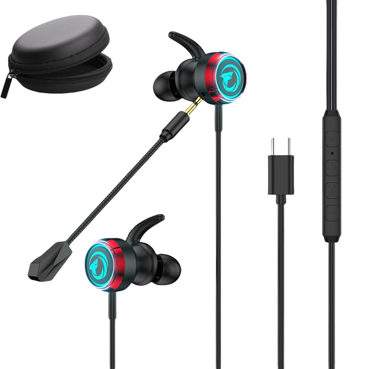 Type-C gamer headset iPhone 15/16, Samsung és Android készülékekhez, RGB világítás, kettős mikrofon, továbbfejlesztett mélyhang technológia