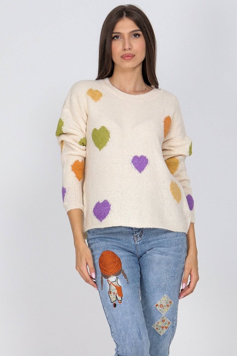 Pulover oversize moale cu inimioare, crem, ROH BR2805, Onesize