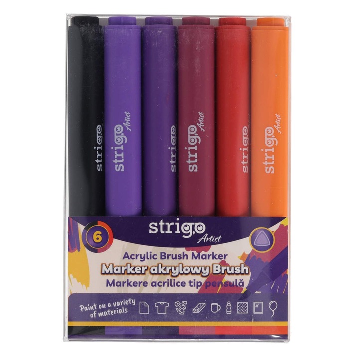 Markere acrilice Strigo tip pensula, 6 culori