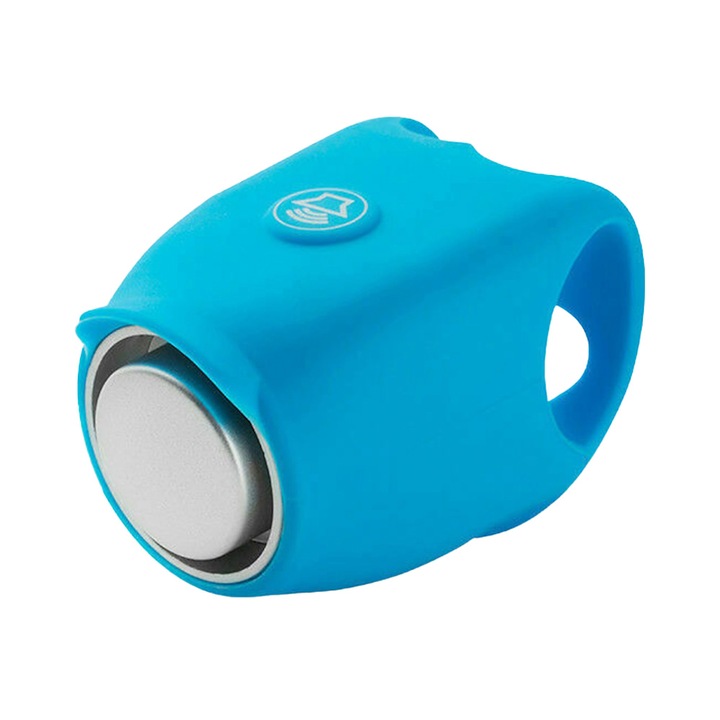 Gyerek bicikli csengő, mini, 120 dB, 4 féle hang, univerzális illeszkedés, kompatibilis robogó, roller, elektromos kerékpár, kormány markolat, kék