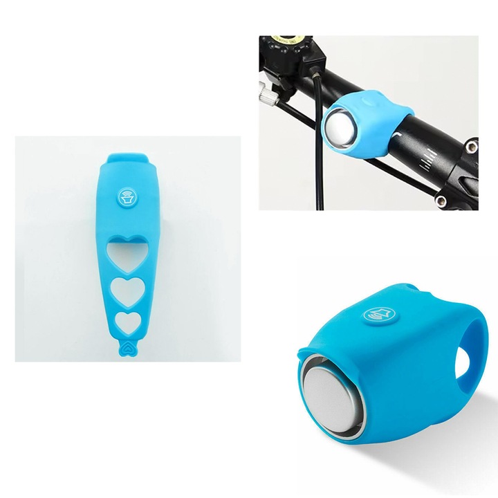 Sonerie bicicleta copii, mini, 120 dB, 4 tipuri de sunete, potrivire universala inclusiv trotineta, scuter, bicicleta electrica, e-bike, prindere ghidon, albastru