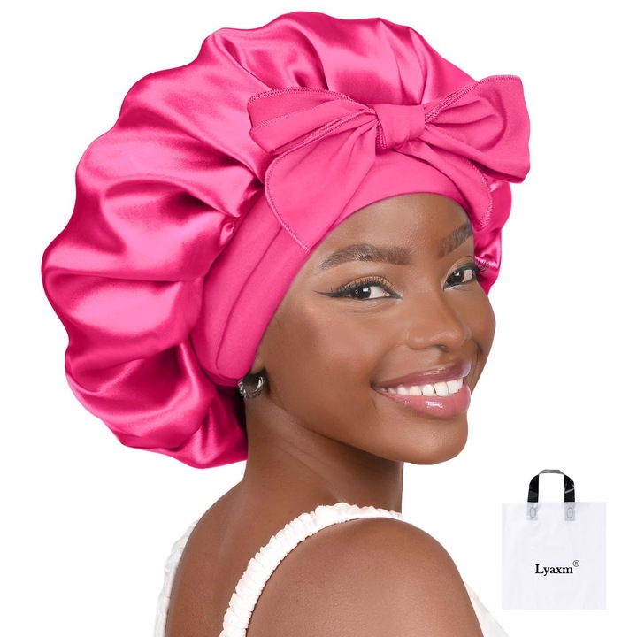 Boneta de dormit Lyaxm, satin dublu strat, banda lunga reglabila, roz inchis