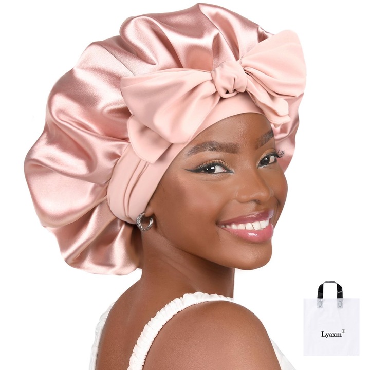 Boneta de dormit Lyaxm, satin dublu strat, banda lunga reglabila, roz