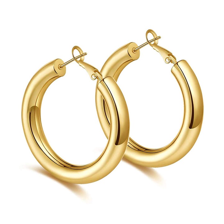 Cercei tip hoop, placati cu aur 14K, tubulari, hipoalergenici, auriu, 40mm