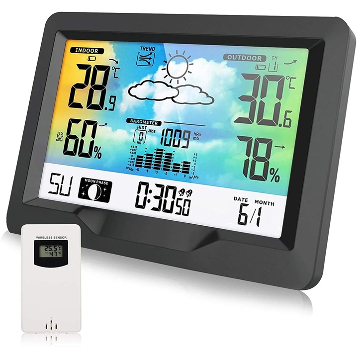 WALALLA meteorológiai állomás külső érzékelővel, állandó naptárral, riasztással, beltéri/kültéri hőmérséklet és páratartalom, légköri nyomás, előrejelzés, 16,1x11,5 cm, fekete