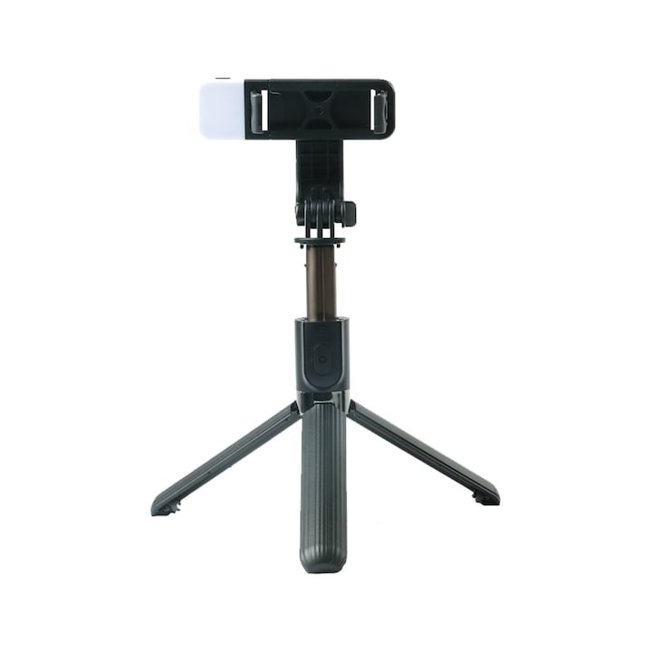 Trepied selfie stick 3 in 1, rotire 360 grade, lumina LED, telecomanda Bluetooth inclusa, negru, Dactylion®