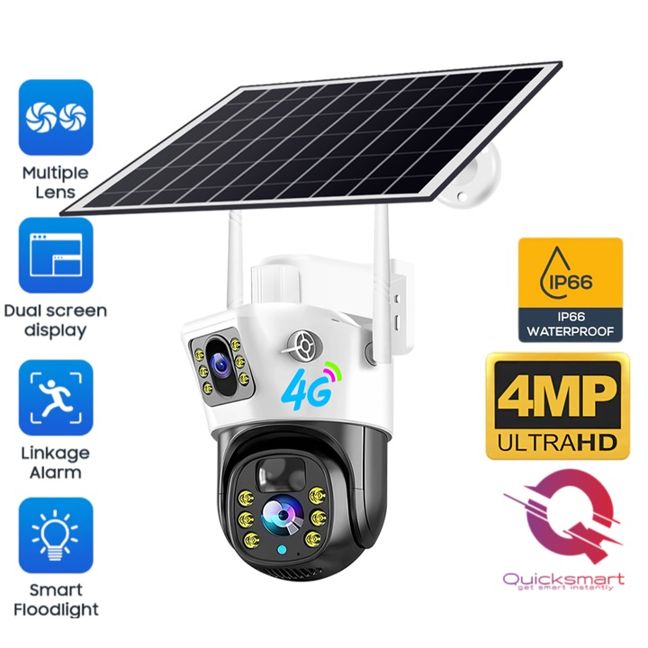 Camera supraveghere Smart QSQ5 4G, Sistem securitate PTZ, Wireless, Rotire 350/ Inclinare 90, Dual Camera Lens, Rezolutie 4MP, Panou solar, Acumulatori, Urmarirea miscarii umane, Detectarea miscarii, Viziune nocturna, Unghi larg, Audio, Sirena, Proiector