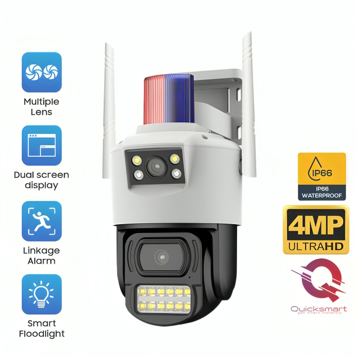 Camera supraveghere Smart QSQ2 Wifi, Sistem securitate PTZ, Rotire 350/ Inclinare 90, Dual Camera Lens, Rezolutie 4MP UltraHD, Urmarirea miscarii umane, Detectarea miscarii, Viziune nocturna, Unghi larg, Onvif, Audio bidirectional, Detectarea fetei, IP66