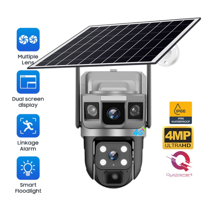 Camera supraveghere Smart QSQ AOV 4G, Sistem securitate PTZ, Wireless, Dual Camera Lens, Black Light, Rezolutie 4MP UltraHD, Panou solar, Acumulatori, Urmarirea miscarii umane, Detectarea miscarii, Viziune nocturna, IP66