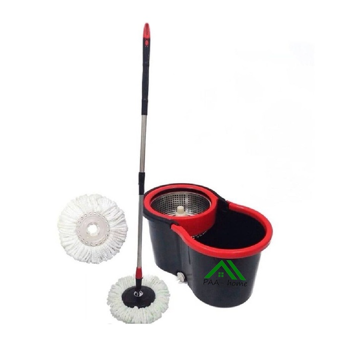 Paa-home® комплект въртящи се моп и кофа за изцеждане, въртяща се на 360 градуса метална телескопична опашка за моп, моп, подвижна кошница за изстискване, отвор за оттичане на вода и 2 кръгли микрофибърни кърпи, черен червен цвят