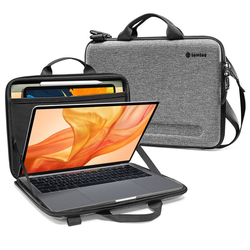 Geanta de umar pentru laptop Tomtoc, compatibila cu MacBook Pro/Air 13/Pro 11, colturi intarite, buzunar suplimentar pentru accesorii, waterproof, GrI