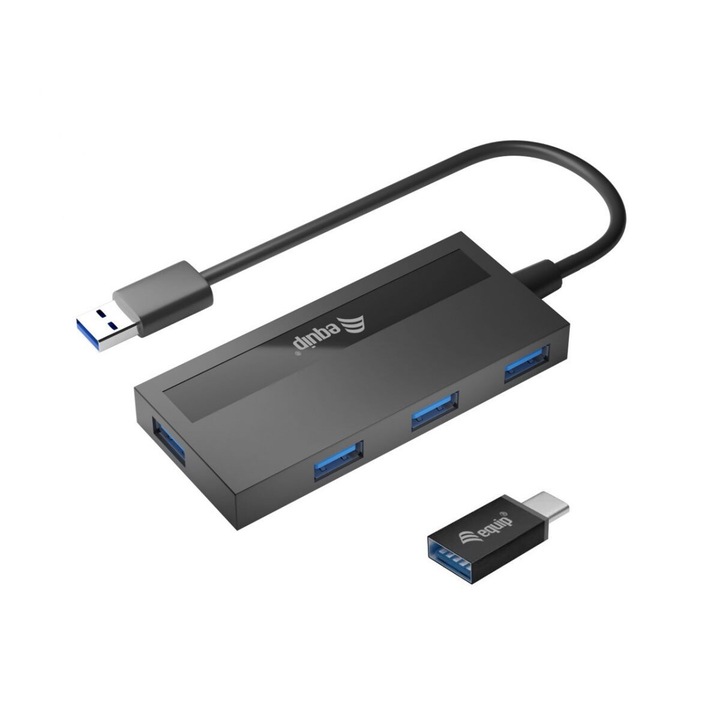 EQuip 4-Port USB 3.2 Gen 1 Hub with USB-C Adapter Black, 207321, USB Hub