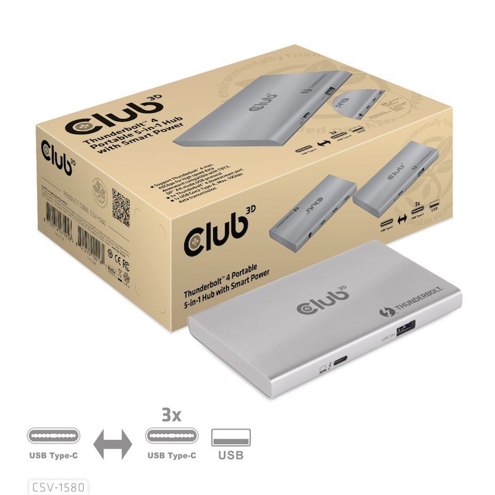 Преносим хъб Club3D ADA Club3D Thunderbolt 4, 5 в 1 с интелигентно захранване, 222201, USB хъб