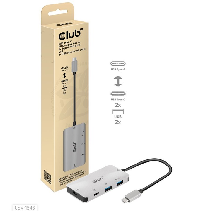 Club3D USB Gen2 Type-C PD хъб за зареждане към 2x Type-C 10G порта и 2x USB Type-A 10G порта, 222204, USB хъб