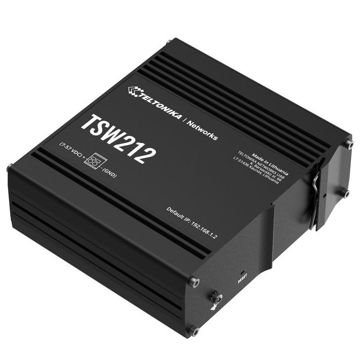 Switch gestionabil Teltonika TSW212, 8x RJ45 1000Mb/s, 2x SFP, alimentare 2-pin DC, Layer 2, carcasa robusta, instalare rapida, ideal pentru retele profesionale si aplicatii industriale cu conectivitate Gigabit stabila si administrare avansata