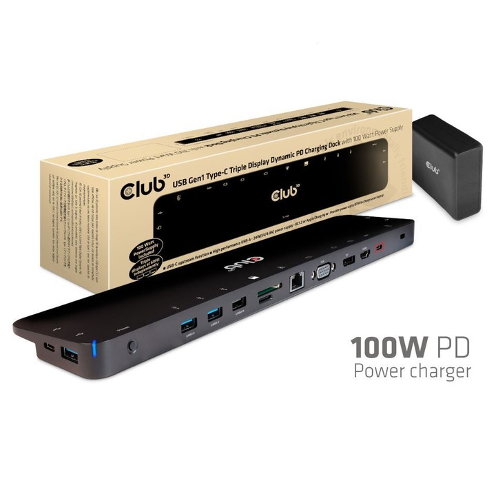 Хъб Club3D USB Type C 3.2 Gen1 Triple Display Dynamic PD Charging Dock 100W PD Power зарядно устройство, 222714, Аксесоар за лаптоп