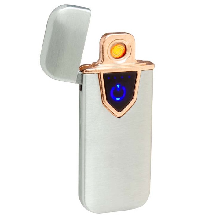 Bricheta Electronica cu Incarcare USB, Reincarcabila, Antivant, Buton cu Lumina, Cu Senzor De Amprenta, 7 Cm, Gri, Dalimag