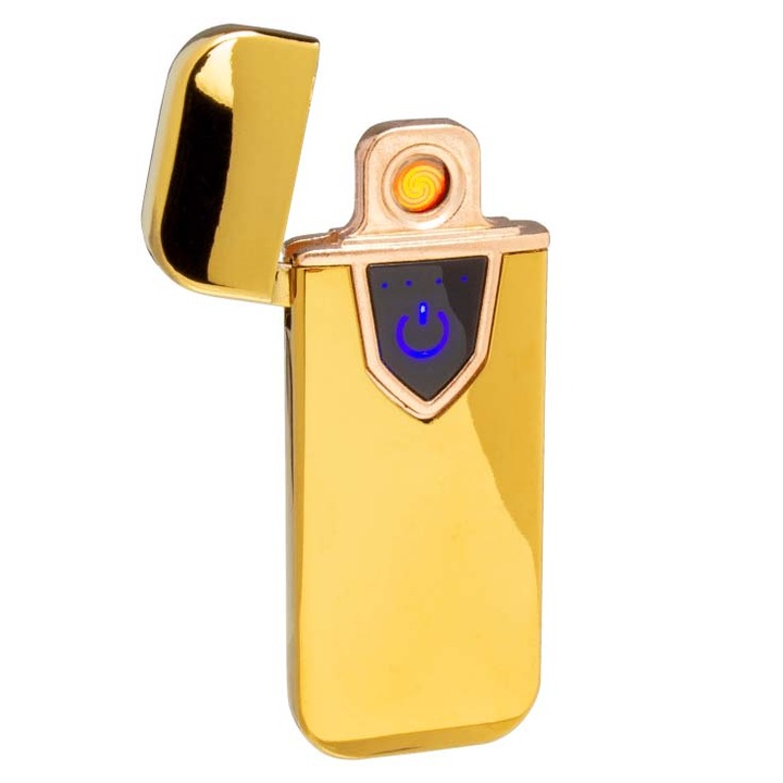 Bricheta Electronica cu Incarcare USB, Reincarcabila, Antivant, Buton cu Lumina, Cu Senzor De Amprenta, 7 Cm, Auriu, Dalimag