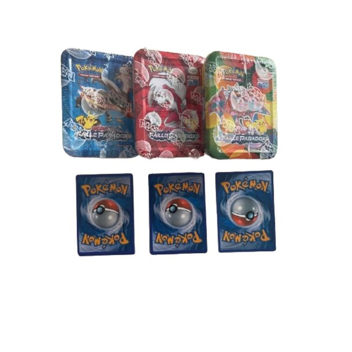 Set 3 cutii metalice Pokemon diverse modele, cu 40 carti aleatorii Pokemon, 3 ani +