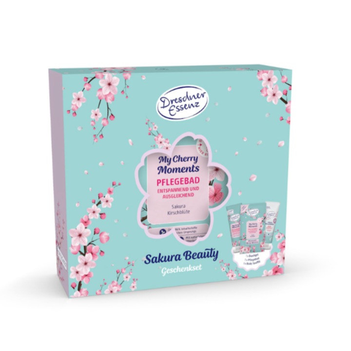 Комплект Sakura Beauty, Ритуал за тяло с Душ гел 75ml, Суфле за тяло 75ml, Соли за вана 60g, За подхранване и хидратация, 100% веган формула, Натурални съставки, Без микропластмаси