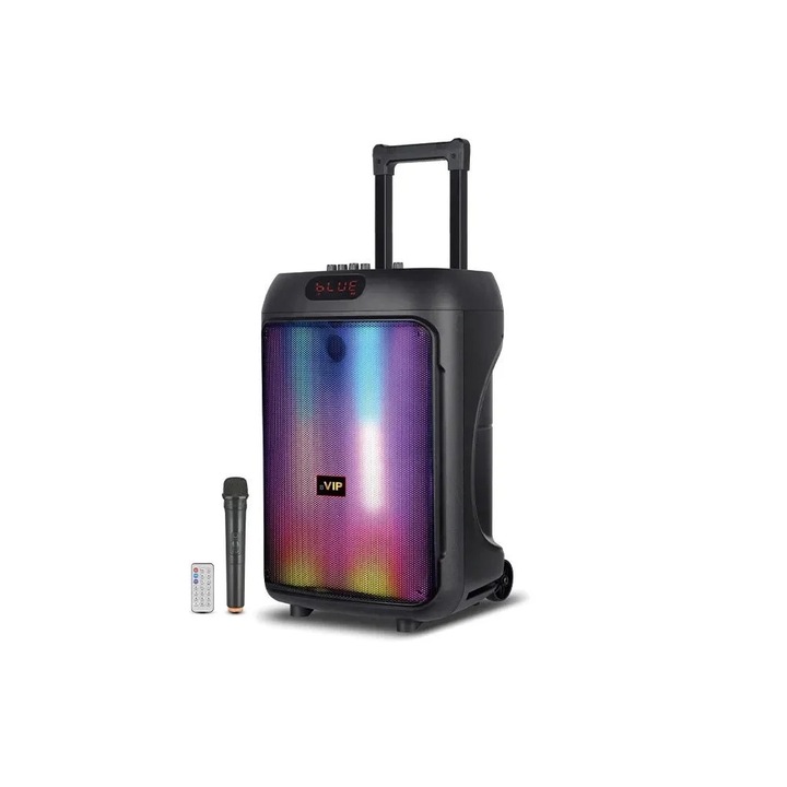Преносим стерео високоговорител с 12-инчова RGB светлина, Welora, Cубуфер, Mикрофон и дистанционно управление, 3000 W, черен