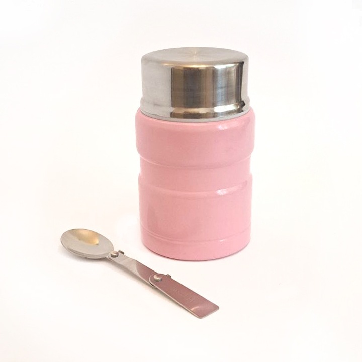Комплект Термос с купа за течна или твърда храна с прибор за хранене, Без BPA, Стомана, 500 мл., Розов