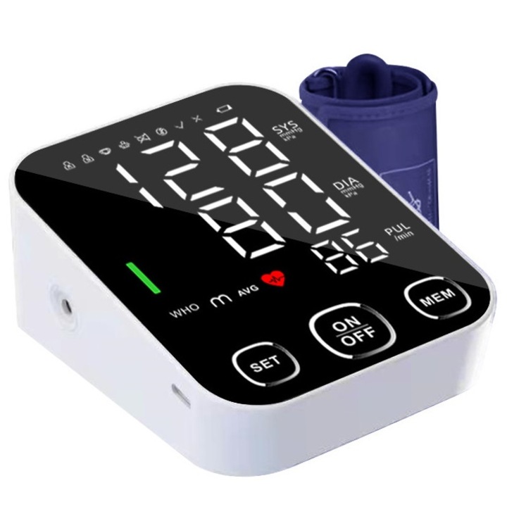 Апарат за кръвно налягане Esensio® BP-S03, голям 12,7 cm цифров LCD дисплей, 99 памети, захранване с AA батерия, USB кабел, автоматично измерване, откриване на неправилен пулс, клинично валидиран, маншет 22-32 cm, черен