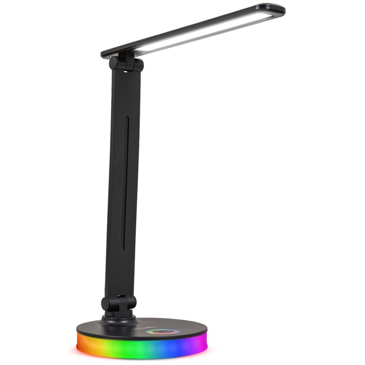 Lampa de birou LED, Ledhoff, 5W, 300lm, 3000-6500K, unghi 120°, luminozitate reglabila, comutator tactil, USB, panou luminos colorat in baza, clasa energetica G, 58cm, neagra