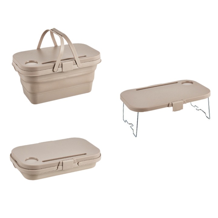 Lighean pliabil 2 in 1 cu masuta picnic, 8 L, 45 x 28.5 x 23.5/9.5 cm, bej