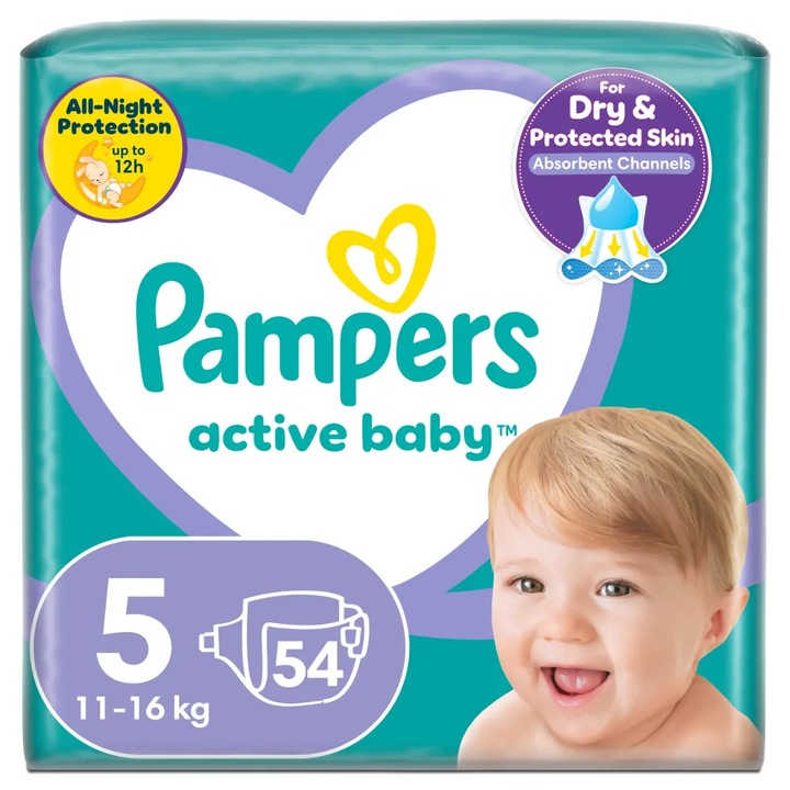Scutece Pampers Active Baby, marimea 5, cantitate 54 de bucati, pentru 11-16 kg, cu strat aditional unic pentru protectie suplimentara