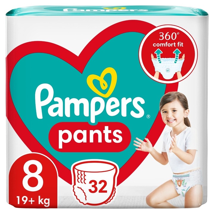 Scutece chilotel Pampers Pants Marimea 8 Jumbo Pack, 19 kg plus, 32 bucati, cu buzunar stop and protect