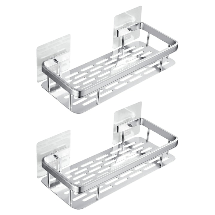 Raft de dus, etajera dreptunghiulara pentru baie, aluminiu, pentru depozitare, organizator baie, 2 rafturi de dus, Argintiu
