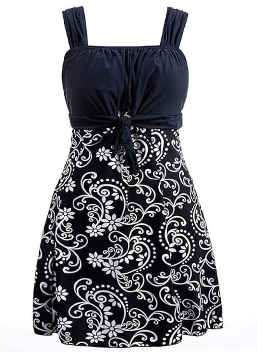 Costum de baie pentru femei tip rochie, Wantdo, dintr-o bucata, Control al abdomenului, Bleumarin cu modele albe, Alb/Bleumarin, 40-42