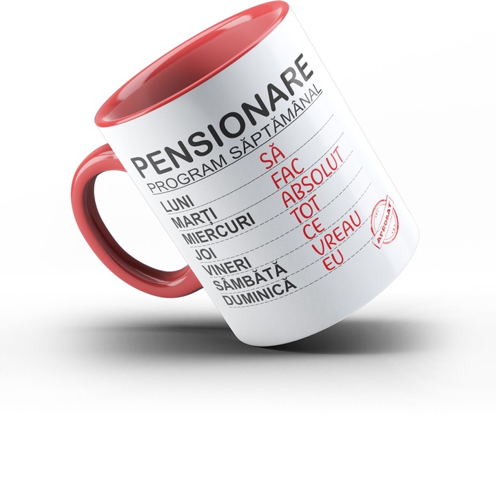 Cana PENSIONARE interior si toarta rosie, ceramica, 330ml