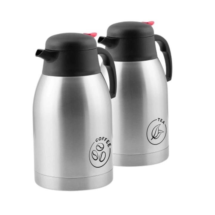 2db vákuumbögre készlet, termosz, rozsdamentes acél, űrtartalom 2 liter, fogantyúval, állítható pánttal, Berdsen, BD-780, Ezüst, Kávé/Tea